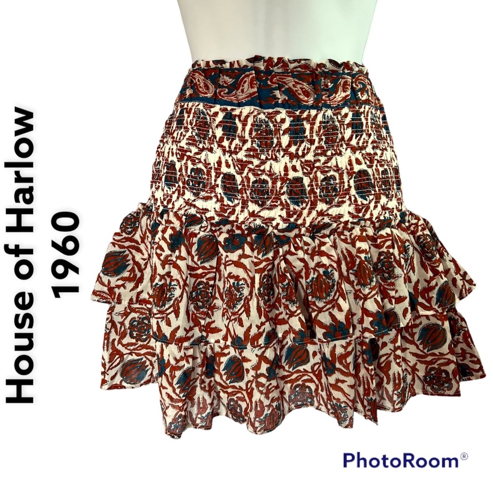 House of Harlow 1960 women red white floral mini skirt fit and flare ruffle Sz M